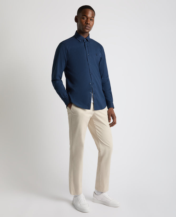 Remus Uomo – Tapered Fit – White/Navy – Oxford Cotton Long Sleeve Shirt