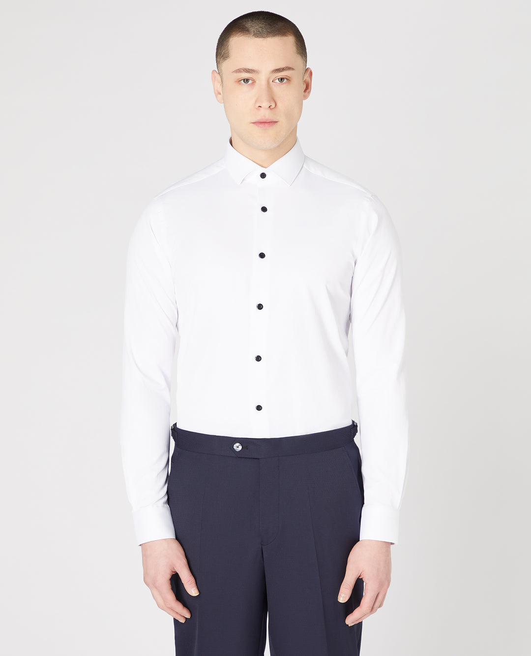 Remus Uomo – Slim Fit – White – Rome Long Sleeve Formal Shirt with Black Buttons