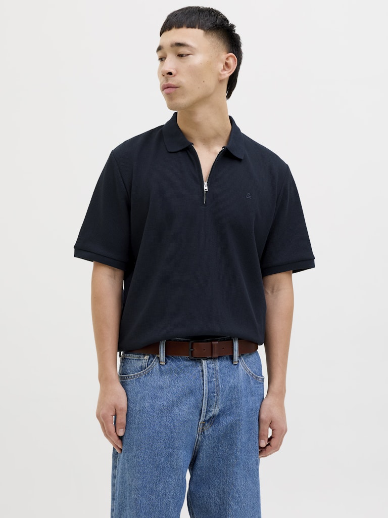 Jack &amp; Jones – Regular Fit – White/Navy – JJEAUSTIN Zip Polo SS