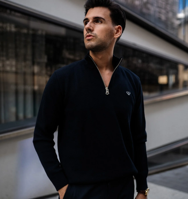 Walker &amp; Hunt – Slim Fit – Navy – Knitted Quarter Zip
