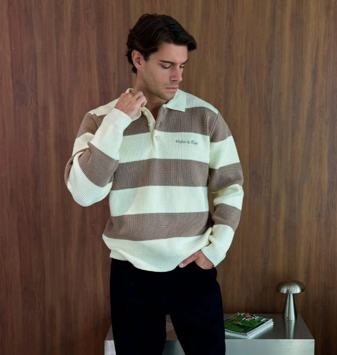 Walker & Hunt – Regular Fit – Mocha &amp; Cream – Rugby Knit