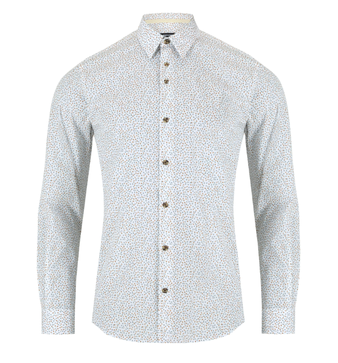 Remus Uomo – Regular Fit – Yellow &amp; White Print Cotton Stretch Shirt