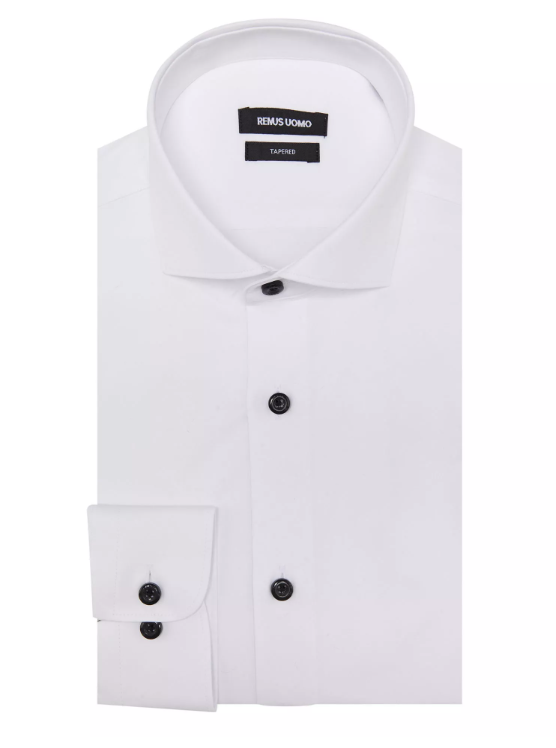 Remus Uomo – Tapered Fit – White – Seville Long Sleeve Formal Shirt with Black Buttons