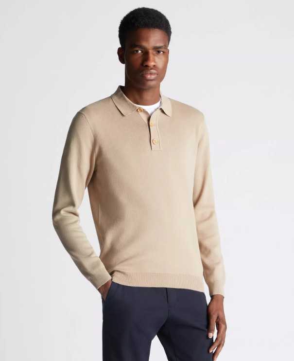 Remus Uomo – Stone – Long Sleeve 3 Button Polo Jumper