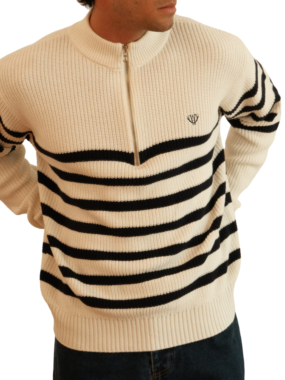 Walker &amp; Hunt – Huxley Quarter Zip - Off White Stripe