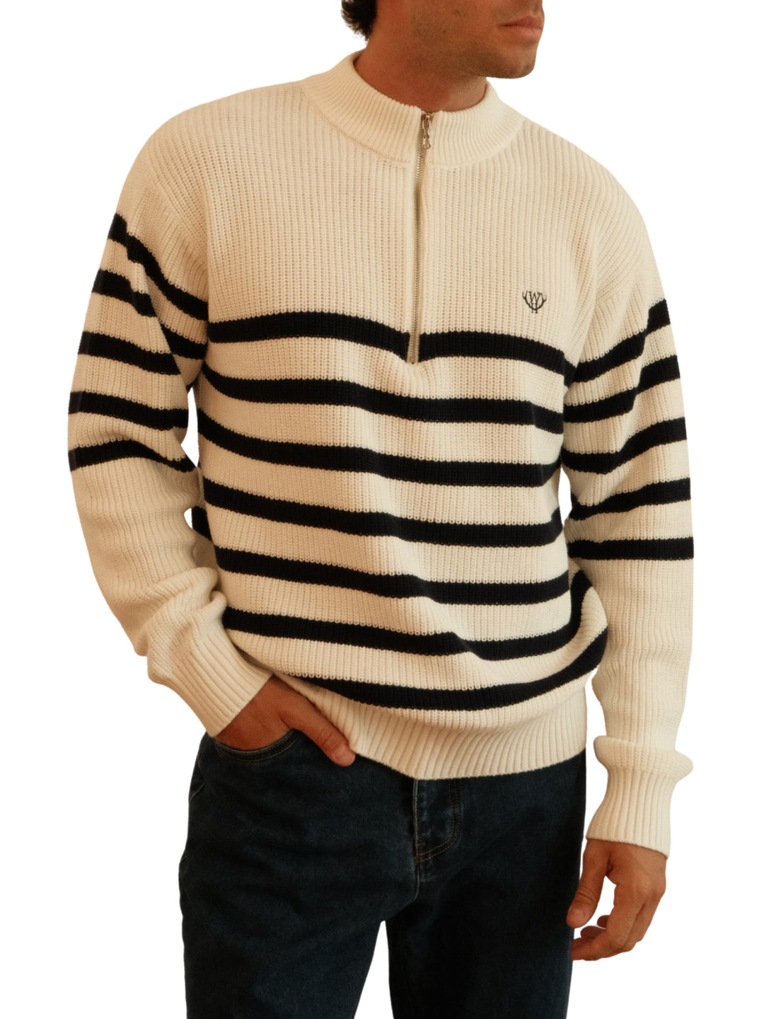 Walker &amp; Hunt – Huxley Quarter Zip - Off White Stripe