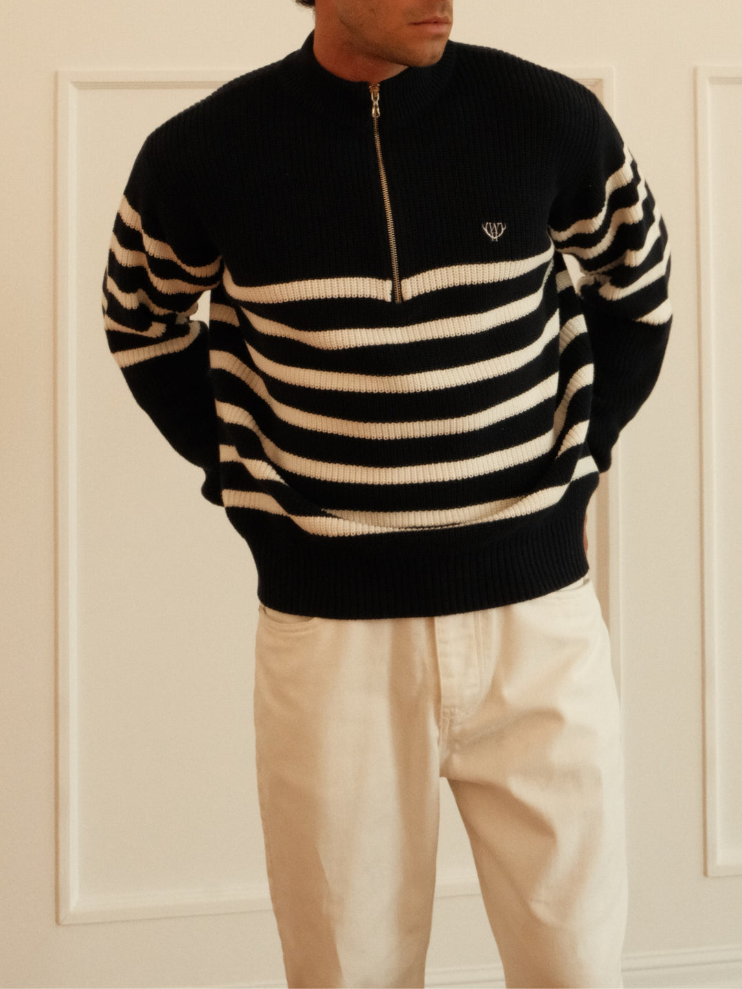 Walker &amp; Hunt – Huxley Quarter Zip - Navy Stripe